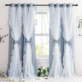 PONY DANCE Ruffle Curtains Double Layers Sheer Overlay Elegant Decoration for French Country Rustic Design Window Covering with Tiebacks, 52" Wide x 84" Long, Pigeon Blue, 2 Panels