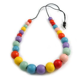 Avalaya Chunky Multicoloured Graduated Wood Bead Black Cord Necklace - 84cm Max/Adjustable