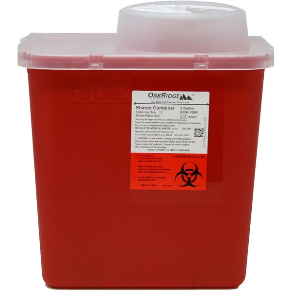 2 Gallon Size | Sharps and Biohazard Waste Disposal Container by Oakridge Products with Chimney Top Style Lid