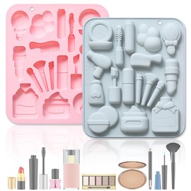 2 Pack Makeup Tools Themed Silicone Molds, 17 Cavity 3D Lipstick Perfume Makeup Brush Cosmetics DIY Silicone Tray Baking Tools for Chocolate Candy Fondant Pudding Soap Candle Resin Polymer Clay
