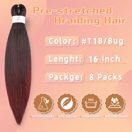 Ombre Burgundy Braiding Hair Pre Stretched 16 Inch 8 Packs Professional Synthetic Braiding Hair for Box Braids/Twists/Crochet Braids No Itch Hot Water Setting Soft Yaki Texture (1B/Bug#)