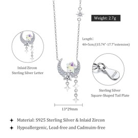 S925 Sterling Silver Moon Star Necklace Dainty Star and Moon Pendant Necklace Moonstone Zirconia Moon Jewelry Birthday Gifts for Women(Silver moon)