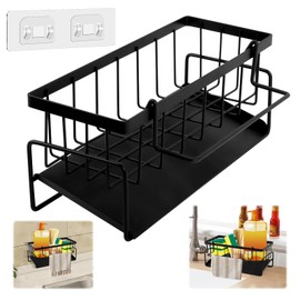 TNOMSNO Sink Organiser, Sink Organiser with Drip Tray, Kitchen Organiser with Hooks, Sponge Holder for Bathroom, Kitchen Sink