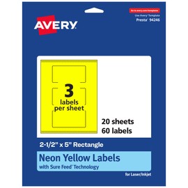 Avery Printable Rectangle Labels with Sure Feed Technology, 2-1/2" x 5", Neon Yellow Labels, Print-to-The-Edge, Laser/Inkjet, 60 Total, Great for Candle Labels and Ingredient Labels