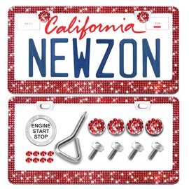 Newzon Red Bling License Plate Frames, 2 Pack Red Shiny Rhinestone Car Tag Frame, Bedazzled Crystal Car License Plate Cover, with Diamond Screw Caps，Licence Plate Accessories