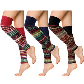 3 Pairs Bohemian Leg Warmers Knit Wool Winter Long Leg Warmers Striped Ethnic Boot Cuffs Socks Knee High Knitted Boot Socks for Women Girls Christmas, Party, Skating