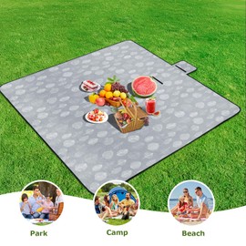 Minicoco Large Picnic Blanket Waterproof 200x200 Beach Blanket Foldable Travel Picnic Mat Outdoor Picnic Blankets Lightweight With Carrying Handle Camping Blanket for Family Beach Hiking (Gray)