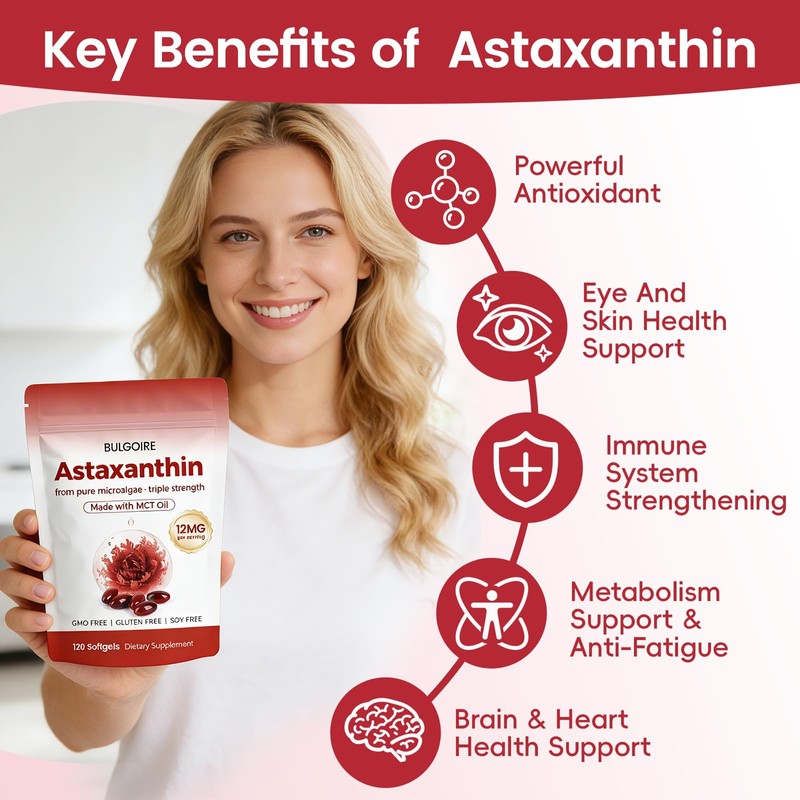 Astaxanthin 12mg with MCT Oil Softgels, Premium Astaxanthin Supplements Organic
