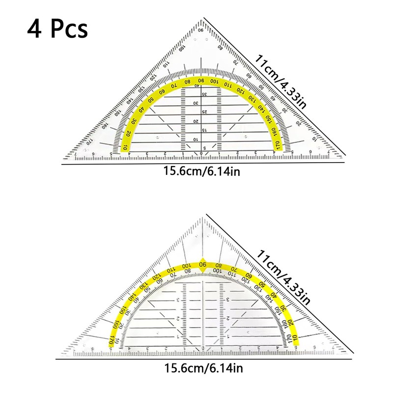 Geometry Triangle, Set of 4 Plastic Protractors, Set Squares, Drawing