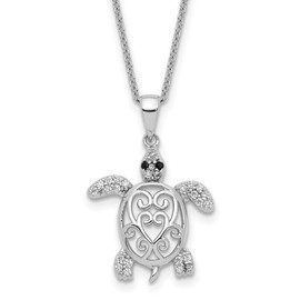925 Sterling Silver Black Glass White Cubic Zirconia CZ Antique Filigree Sea Turtle Necklace 18 inch Chain
