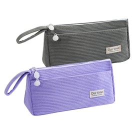 Grey & Purple Corduroy Pencil Case 2-Pack - Vintage Large Capacity Double-Layer School Supplies with Carry Handles (21.5x11x5.5cm)