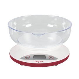 BEPER BP.802 Digital Kitchen Scale, Removable Transparent Bowl, Solid and Liquid Food, High Precision Sensor, Up to 5kg, LCD Display, Gram and Libre Unit, White/Red