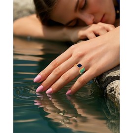 Aliyoham 14K Gold Plated Adjustable Enamel Ring for Women, Asymmetrical Geometric Open Ring, Two-Tone Teal & Blue Statement Ring, Everyday Wear