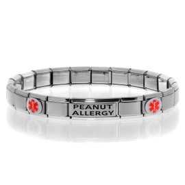 PEANUT ALLERGY Medical Alert ID Bracelet for Women and Men - Stretchable Modular Charm Link - Stainless Steel