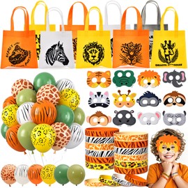 60Pcs Jungle Safari Party Favors Wild Animal Birthday Supplies with Balloons Goodie Bags Bracelets Masks Fillers Stuffer Toy Gift for Kids Wild Theme Party Favors Safari Birthday Party Decorations