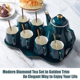 DUJUST 14 pcs Tea Set of 6 with Tray & Spoons, Modern Diamond Design Tea/Coffee Cup Set with Golden Trim, Chic Porcelain Living Room Decor, Fine-China Teapot Party Set, Gift Package - Green