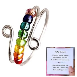 JINJIASC Swivel Opening Rings Women, Drive Away Your Anxiety Rainbow Beads Fidget Spinner Rings, Adjustable Anxiety Ring for Daughter, Ring with Beads Spinning Ring Gift to Women and Girls