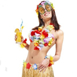 Hawaii Set, Hawaiian Hula Grass Skirt Set 8 Pieces Hawaiian Theme Party Costumes with Necklace Bracelets Headband Flower Bra Hair Clip and Pineapple Sunglasses for Girls Women Hawaiian Luau Beach Party