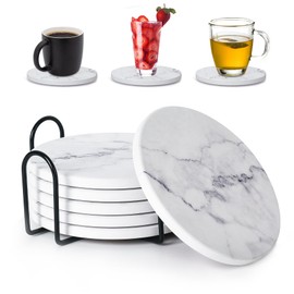 Absorbent Coasters for Drinks,Ceramic Coaster Set of 6 with Holder, Durable Cup Coaster for Coffee Table with Cork Base for Table Protection, Housewarming Birthday Gifts, Home Decor (White Marble)