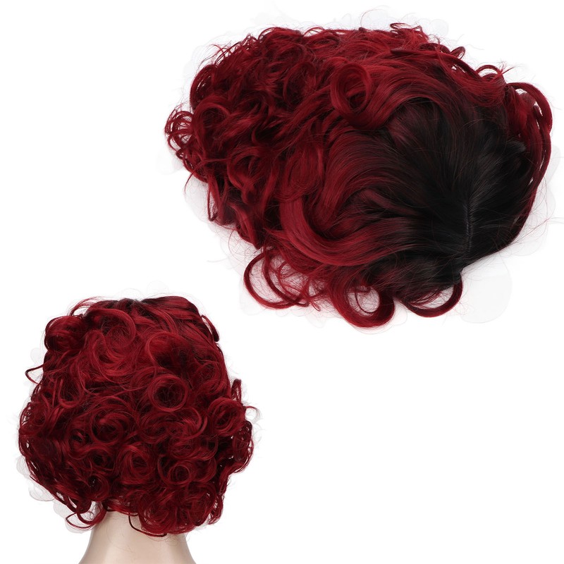 Curly Short Wig Wine Red Women Wig Gradient Color Adjustable