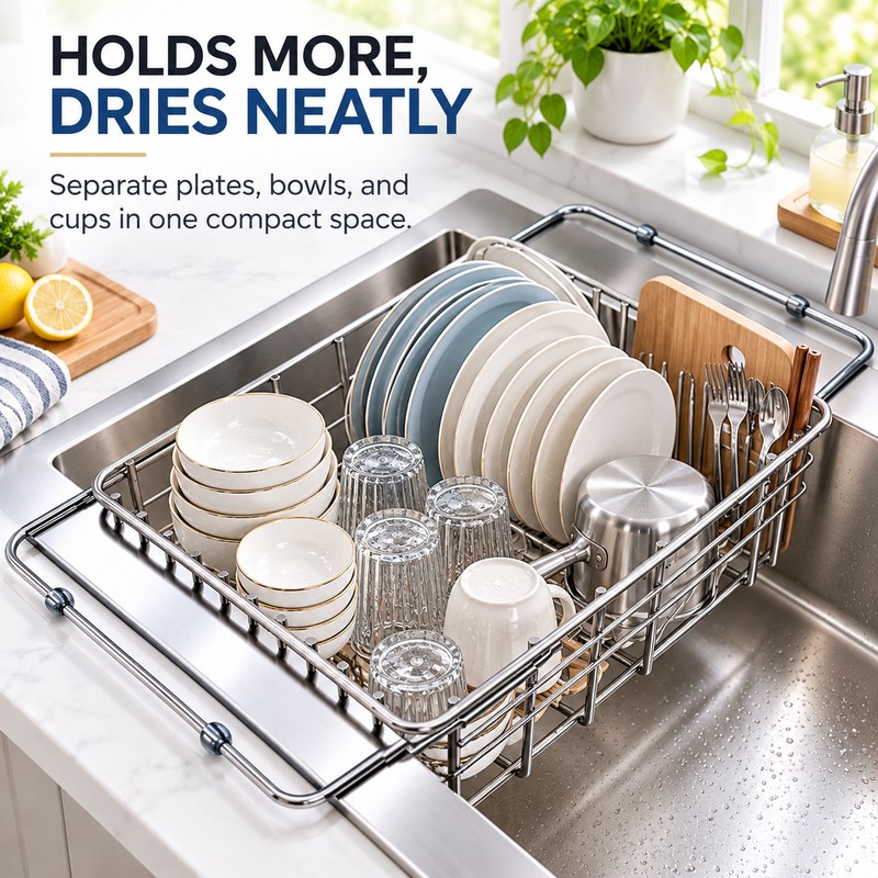 Telescopic Sink Drain Rack for Dishes – Adjustable Metal Drying