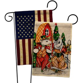 Holiday Mouses Burlap Garden Flag - Pack Winter Christmas Santa Marry Xmas Present Reindeer Season Wintertime Snow USA Vintage Applique - House Banner Small Yard Gift Double-Sided 13 X 18.5