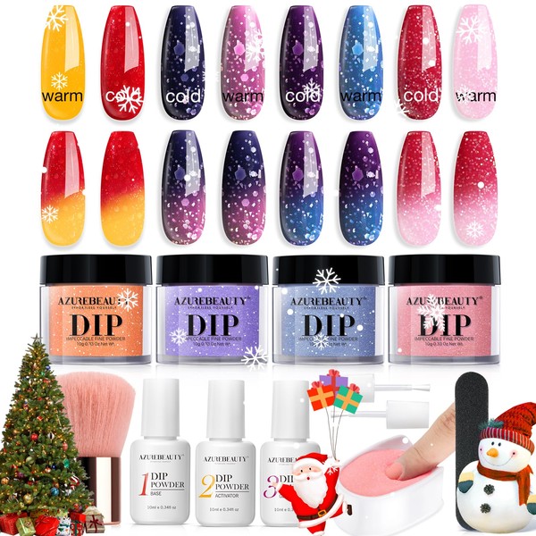 AZUREBEAUTY Color Changing Dip Powder Nail Kit Starter, Fall Winter 12 Pcs Glitter Pink Blue Purple Orange Temperature Change Dipping Powder Liquid Set with Top/Base Coat Activator Home Manicure Gift