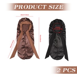 Satin Bonnet Extra Long Silk Sleep Bonnets for Women Adjustable Satin Night Sleeping Cap with Elastic Band Silk Hair Cap for Sleeping Hair Bonnet for Long Curly Hair Braid (Black, Brown, 2 Pcs)