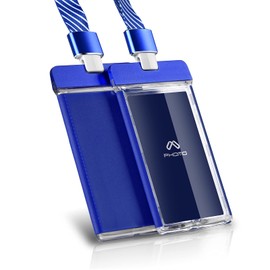 Phomo Aluminum ID Badge Holder/Wallet with Metal Clip and Badge Lanyard, Heavy Duty Vertical Transparent Hard Acrylic ID Card Holder. (Holds 1to 3 Cards) (Blue, 1-pcs)