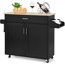 Giantex Kitchen Island, Rolling Kitchen Cart with Spice and Towel Rack, Large Drawer & 2-Door Storage Cabinet, Home Service Cart on Lockable Wheels, Wood Kitchen Trolley, Spacious Tabletop (Black)