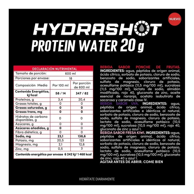 Bebida De Proteína 20g Electrolitos Hydrashot 18 600ml