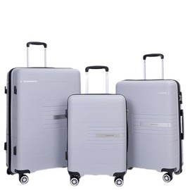 Travelhouse Amalodie Hardshell Upright Spinner Wheel Suitcase Set PP ABS, Lightweight Checked Carry-On Luggage 3-Piece Set with Spinner Wheels TSA Locks 20" 24" 28" (Silver)
