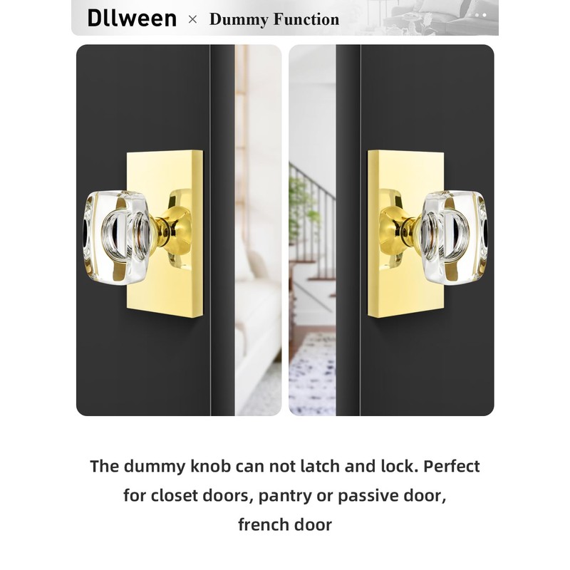 Dllween Glass Gold Dummy Door Knob, Polished Brass Crystal Dummy