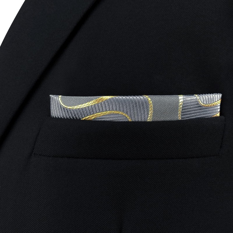 [S&W SHLAX&WING] Men's Pocket Square Gray Yellow Golden Geometric Wedding,