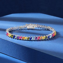 Gemsme 2.5 * 5mm Rainbow Marquise Tennis Bracelet, 18K White Gold Plated Colorful Marquise Cubic Zirconia Tennis Bracelet for Women