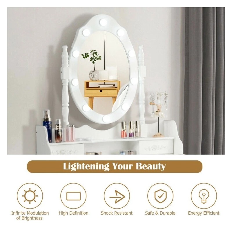Costway Modern Dressing Table Set Makeup Vanity Desk w/Dimmable Bulbs