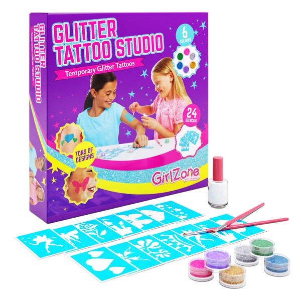 GirlZone Temporary Glitter Tattoos Kit for Girls, 33 Pieces, Arts & Crafts for Girls, Great Gifts For Girls
