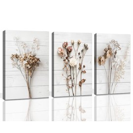 Modern Farmhouse Wall Decor Dried Wildflower Neutral Canvas Print Still Life Wall Art for Bedroom Aesthetic Rustic Floral Wall Art for Living Room Wall Decoration Stretched Set of 3 Pieces 16x24inches