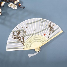 pont du monde Hand Fan, Silk, Floral Print, Luxury, Stylish, Japanese Style, Elegant, Gorgeous, bamboo jini blue