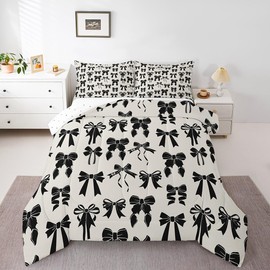 Feelyou Bow Bedding Set Twin Size Black Bow Comforter Set for Kids Boys Girls Decor Cute Bowknot Comforter Microfiber Girls Bow Duvet Set Bedroom Quilt Set