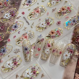 1 Sheets Spring Summer Flower Nail Stickers 5D Embossed Golden Edge Flower Nail Art Stickers Self-Adhesive Retro Palace Style Design Bohemian Style Floral Nail Decals for Women DIY Acrylic Manicure