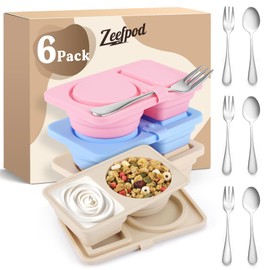 Zeefpod 6 Pack Silicone Snack Containers with Lids, Double Compartment Snackle box with 3 Spoons and 3 Forks, Reusable Silicone Snackle Containers for Kids, Travel, Lunch, Picnic