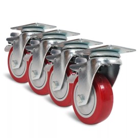 Sound Town 4 Pack 4” Swivel Wheels with Red Polyurethane and Brake Caster STLC-4
