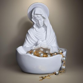 Virgin Mary Rosary Holder Catholic Decor, 5 inch Blessed Mother Resin Statue, Virgen Del Rosario Estatua, Catholic Women's Gift, Religious Home Decoration (White)