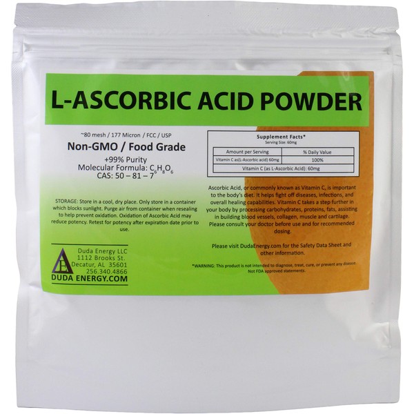 Duda Energy asc08oz Bag of L-Ascorbic Acid Powder 99+% Food Grade USP36/BP2012 Naturally Fermented Pure White Crystals Form of Vitamin C, 8 oz.