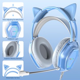 Wantek Cute Cat-Ear Gaming Headset - 50mm Drivers, Noise-Cancelling Mic, 3.5mm Wired Stylish & Lightweight Design (Blue)