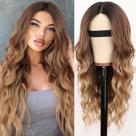 Nnzes Long Brown Wavy Wig for Women Middle Part Curly Wigs Natural Looking Ombre Brown Mixed Blonde Synthetic Heat Resistant Fiber Women Wigs for Cosplay Daily Use 26Inch