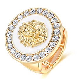 Aononu Hip Hop Adjustable Band Statement Lion Head Ring Women Gold-plated Sparkly Crystal Chunky Ring Cocktail Club Party Costume Jewelry (White-02)