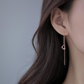 Reffeer Solid 925 Sterling Silver Love Heart Chain Dangle Earrings Tassel for Women Heart Dangle Earrings Threader Drops (C-Rose Gold)