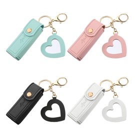 BOHUIZ 4 PCS PU Leather Potable Lipstick Holder Key Chain with Mirror, Chapstick Holder Keychain, Lip Balm Organizer Lipstick Travel Makeup Storage Case for Women Girls(Pink, Black, White, Green)